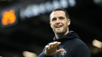 NEW ORLEANS, LOUISIANA - DECEMBER 15: Derek Carr #4 of the New Orleans Saints looks on prior to a game against the Washington Commanders at Caesars Superdome on December 15, 2024 in New Orleans, Louisiana. Jonathan Bachman/Getty Images/AFP (Photo by Jonathan Bachman / GETTY IMAGES NORTH AMERICA / Getty Images via AFP)