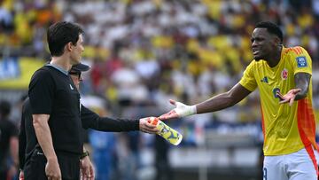 Colombia's forward #09 Jhon Duran reacts past asistant referee during the 2026 FIFA World Cup South American qualifiers football match between Colombia and Peru, at the Metropolitano Roberto Melendez stadium in Barranquilla, Colombia, on June 6, 2025. (Photo by Luis ACOSTA / AFP) (Photo by LUIS ACOSTA/AFP via Getty Images)