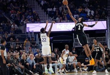 Perhaps the most viral photo of the French player. 'Wemby' soars to block a shot by Andrew Wiggins of the Warriors.